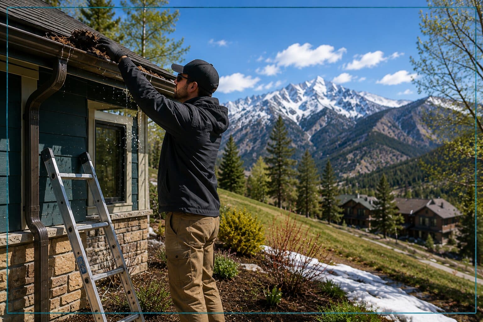 An inspector clearing a gutter of debris as spring snowmelt runs off, Colorado mountains in the background