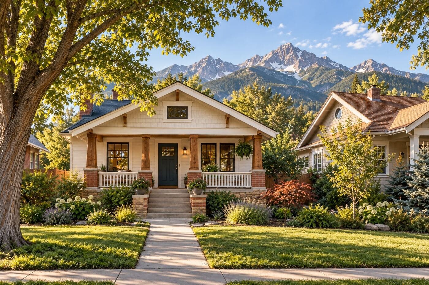 A craftsman home with a teal front door and timber porch, framed by Front Range peaks